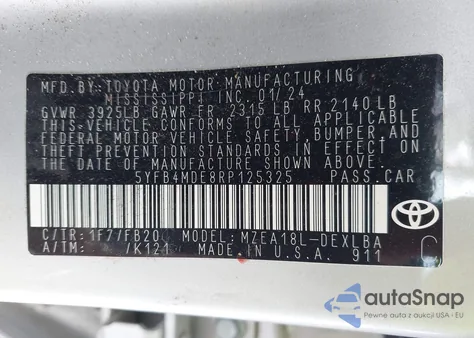 2024 Toyota Corolla Le from USA, damaged, VIN 5YFB4MDE8RP125325